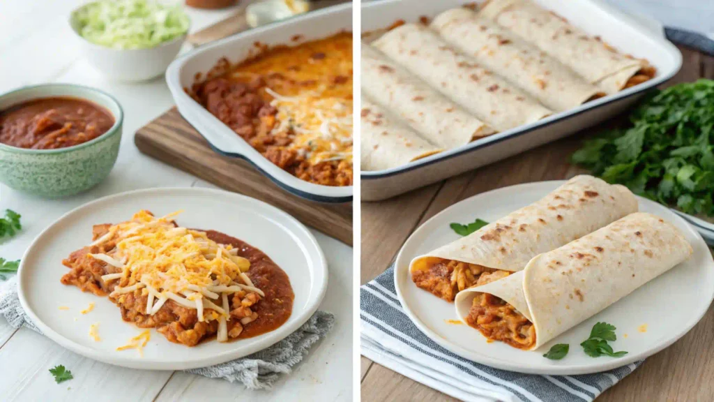 Step-by-step enchilada preparation with filling, rolling, and topping.