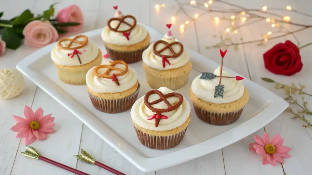 A display of finished bow arrow cupcakes with fondant and chocolate decorations.