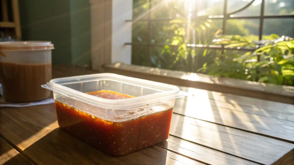  Fish sauce stored in a plastic container with a secure label.
