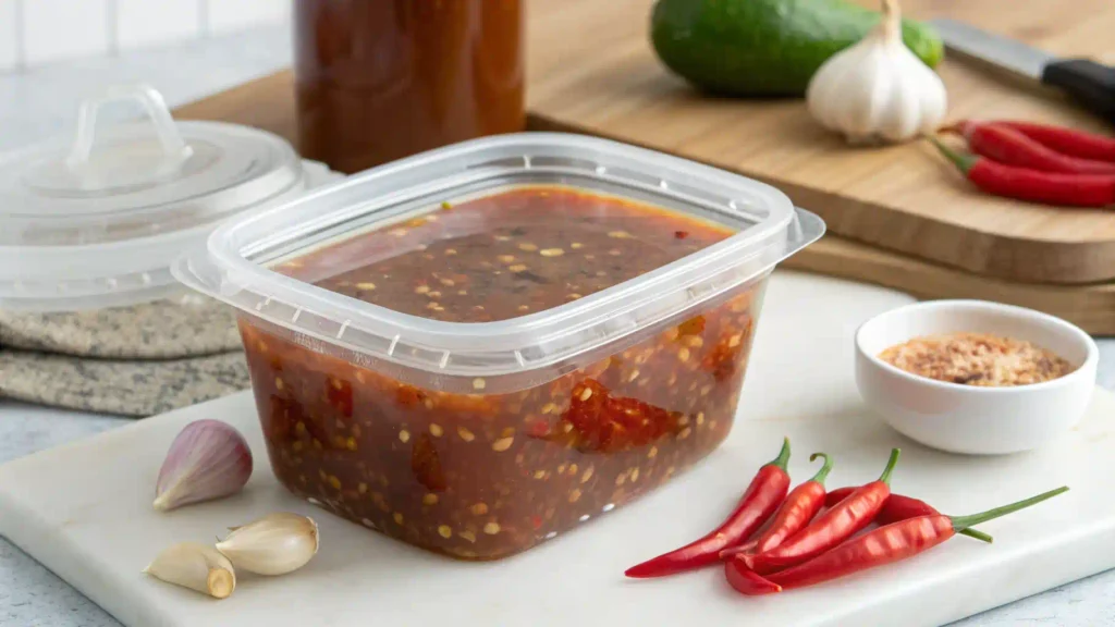 BPA-free plastic container with fish sauce and fresh ingredients.