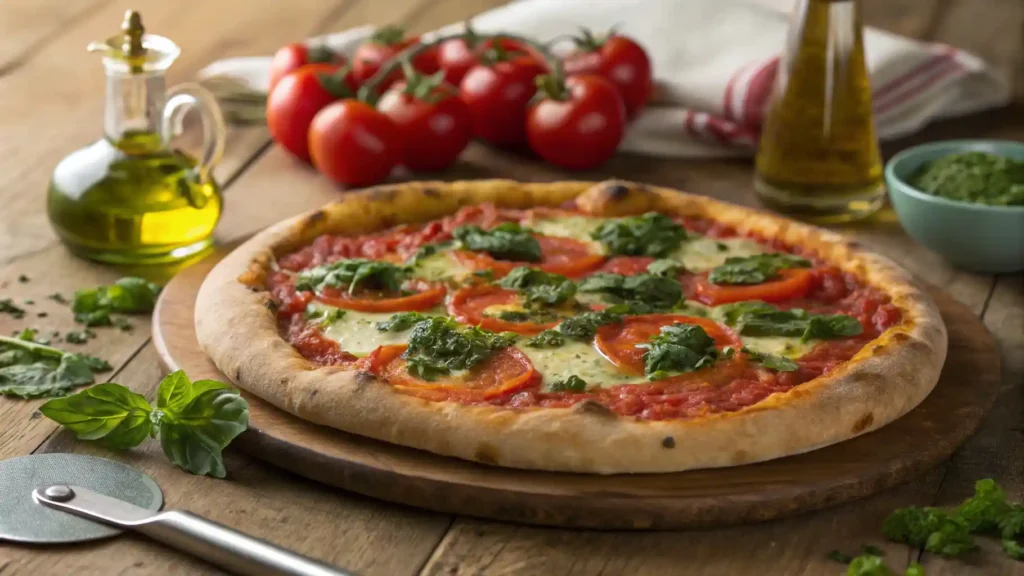 Sweet Tomatoes Chimichurri Pizza on a Wooden Table