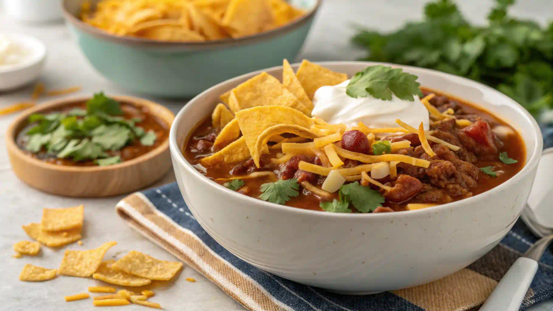 A steaming bowl of Taco Soup Fritos with Fritos topping and garnishes