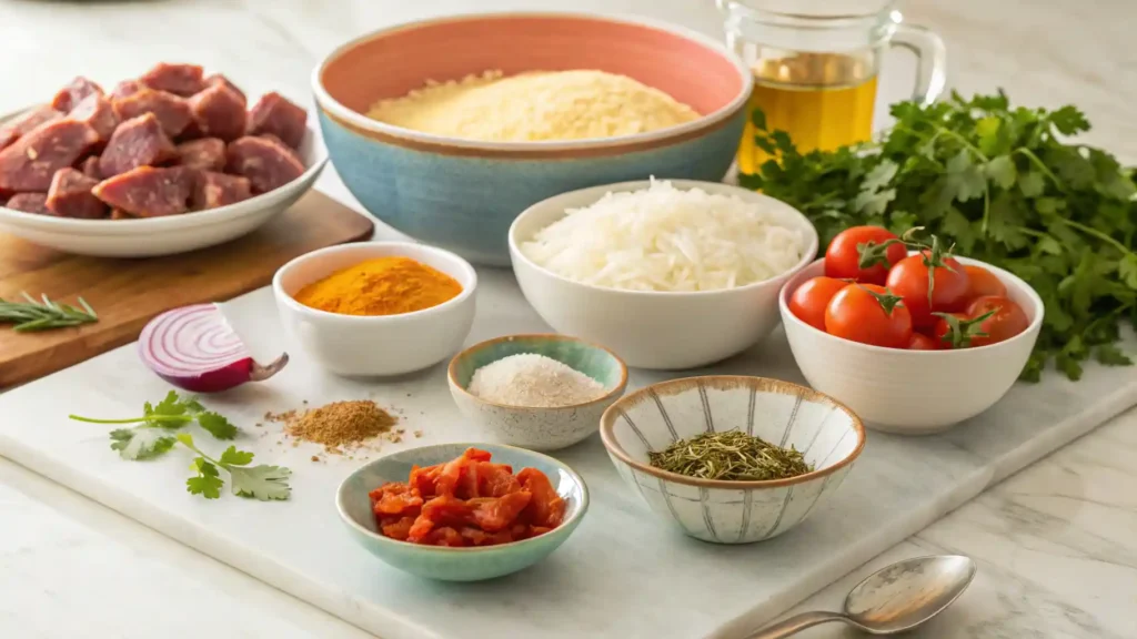 Ingredients for Terra Massoud recipe including spices, rice, and lamb.