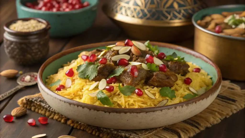 A plated Terra Massoud dish with saffron rice, lamb, and fresh garnishes.