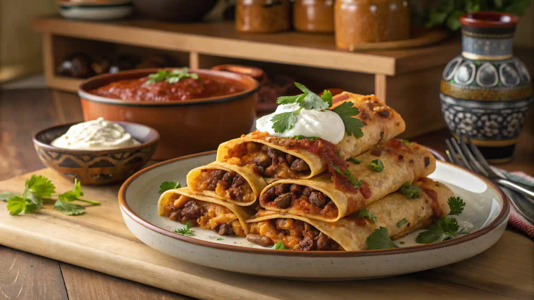 A beautifully plated serving of Boulders Enchiladas, topped with cheese, sour cream, and cilantro.