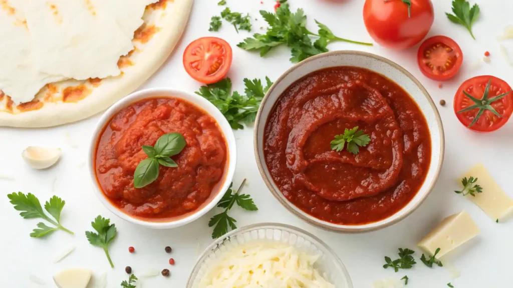 Tomato paste and tomato sauce in bowls with pizza ingredients.