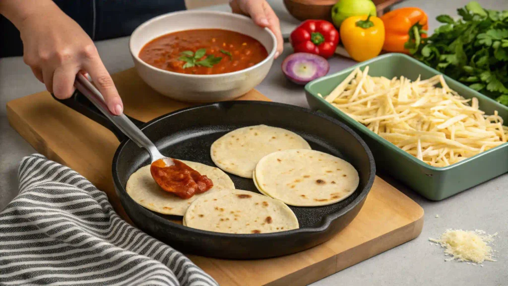 Tortillas being lightly fried before enchilada assembly.