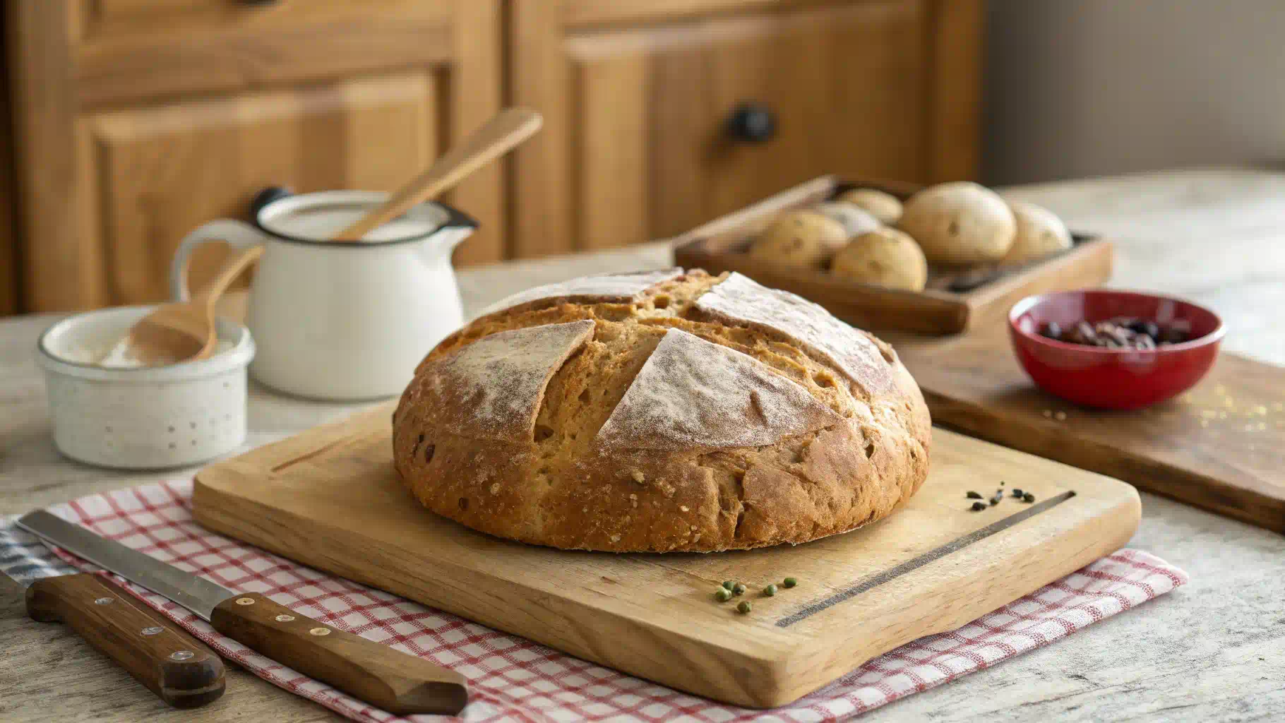 Traditional Irish soda bread with a cross on top, displayed on a wooden board.