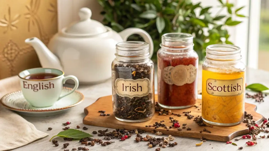 English, Irish, and Scottish breakfast tea blends in glass jars.