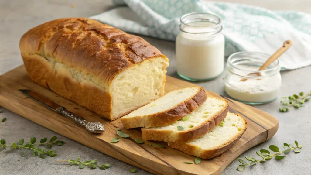 Fluffy homemade bread with a golden crust beside a kefir jar.