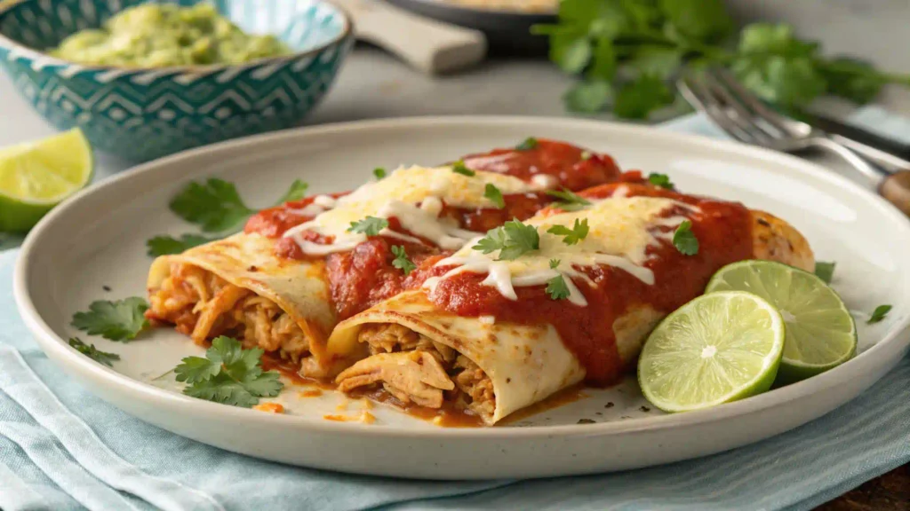 A close-up of freshly baked enchiladas topped with melted cheese, vibrant red sauce, and garnished with fresh cilantro, served in a rustic baking dish.