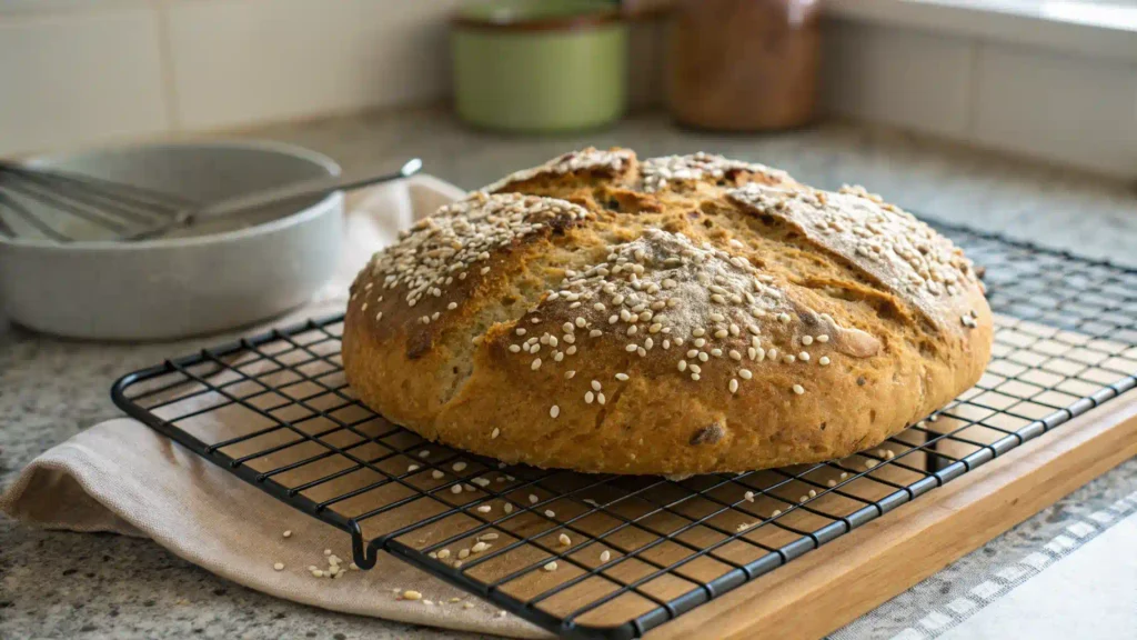 Whole grain Irish soda bread topped with sesame seeds on a cooling rack.