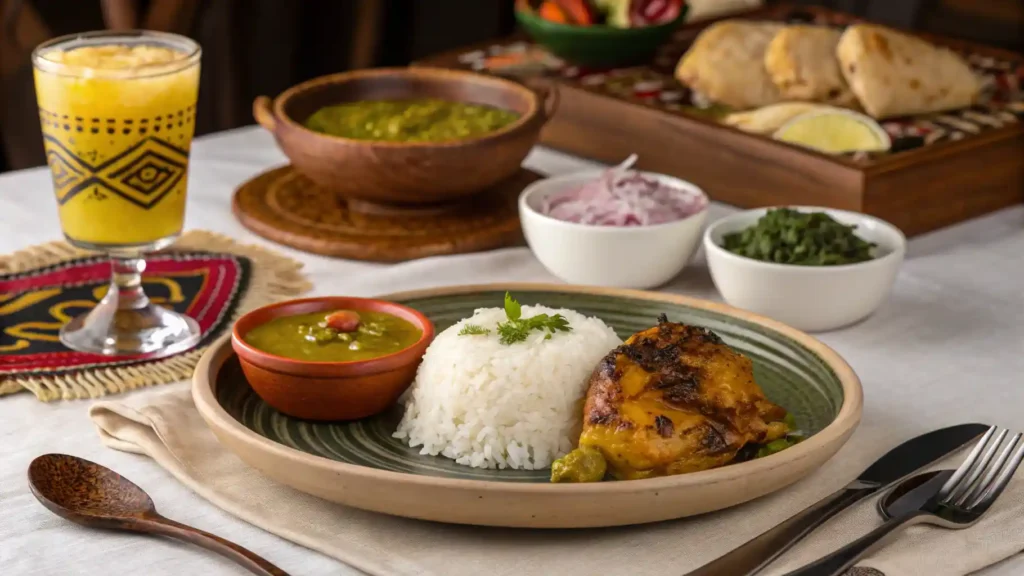 A Peruvian meal featuring Churu Chicken Amarillo with rice and Aji Verde sauce.