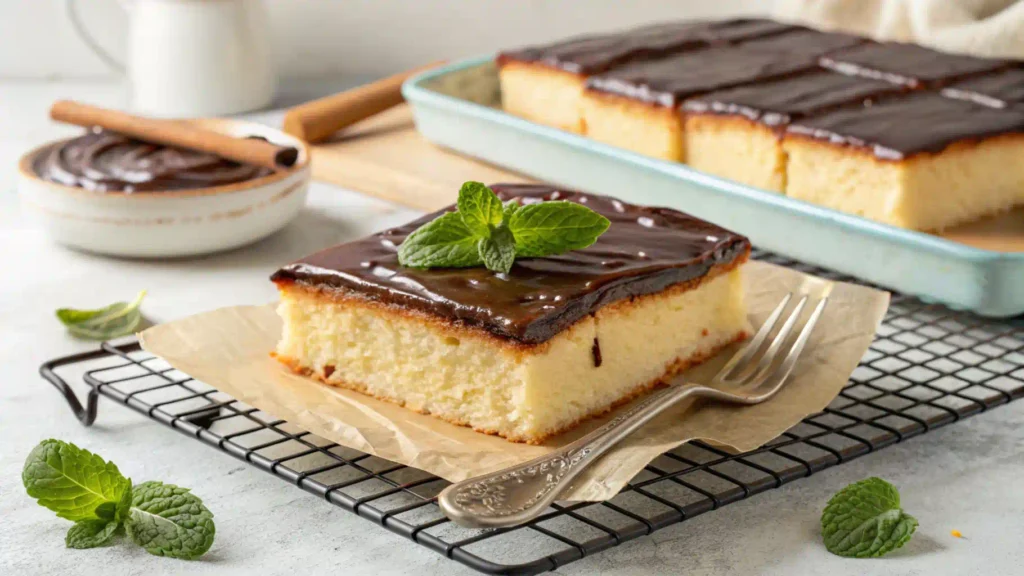 A beautifully baked kefir sheet cake topped with chocolate ganache, garnished with mint, and served on a plate.