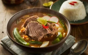 A Bowl Of Authentic Filipino Sinigang Soup With Veal, Vegetables, And Tamarind Broth