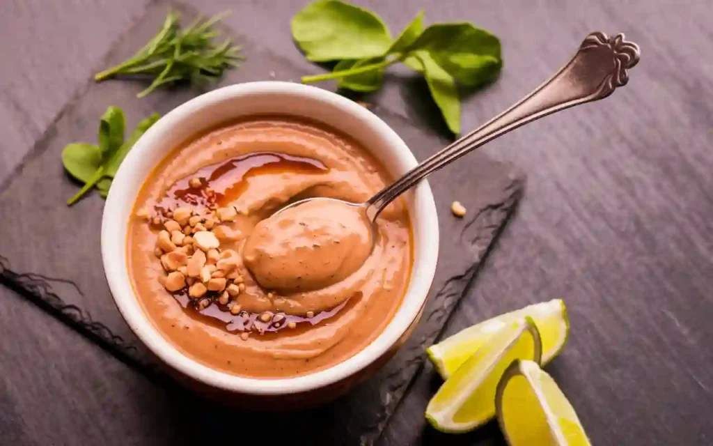 A Bowl Of Creamy Peanut Sauce Garnished With Crushed Peanuts