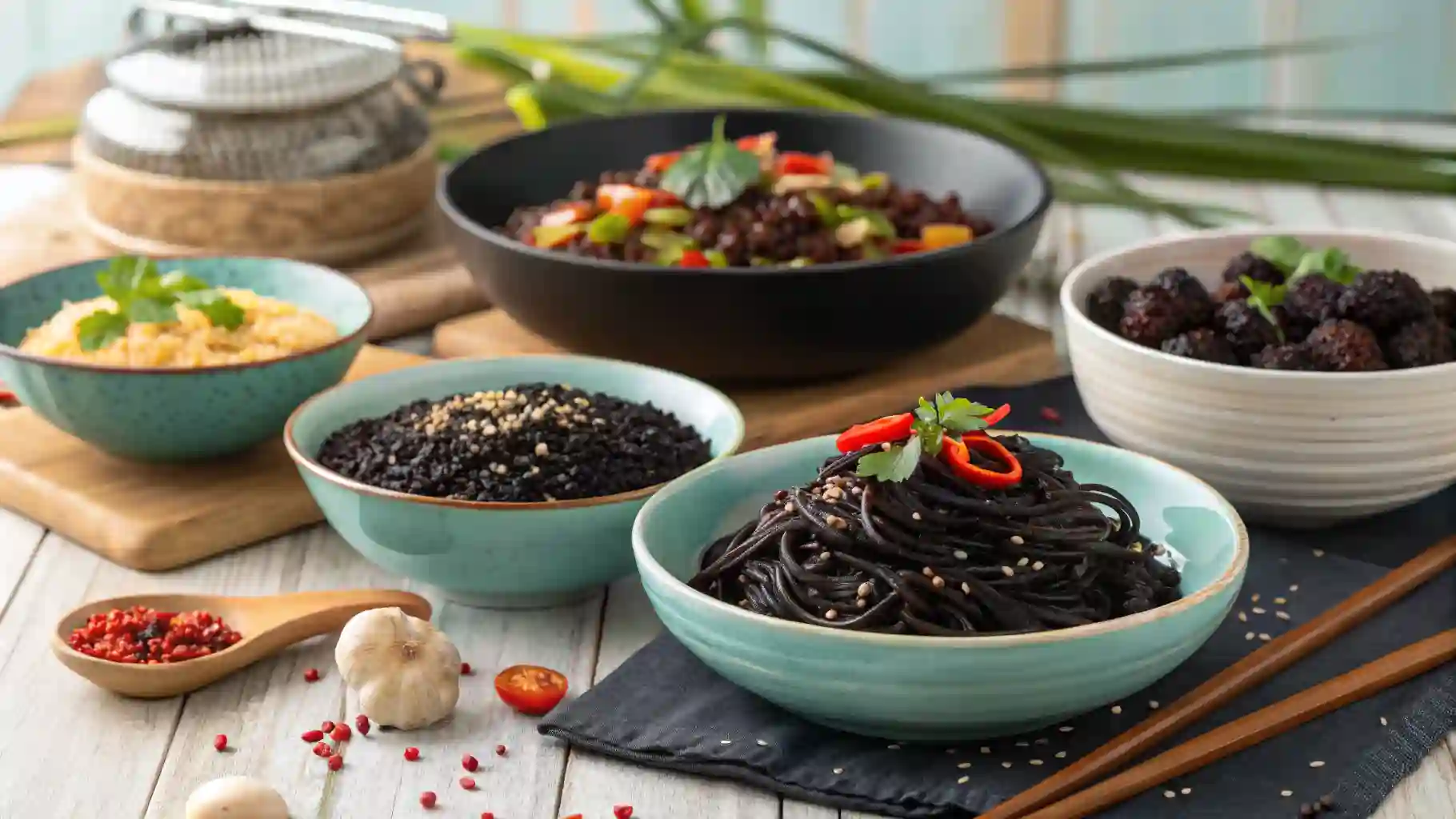 A Table Filled With Tasty Black Dishes, Including Black Rice, Black Sesame Desserts, And Squid Ink Pasta