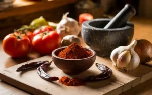 Ancho chili powder, dried ancho chilies, and fresh ingredients on a rustic wooden table.