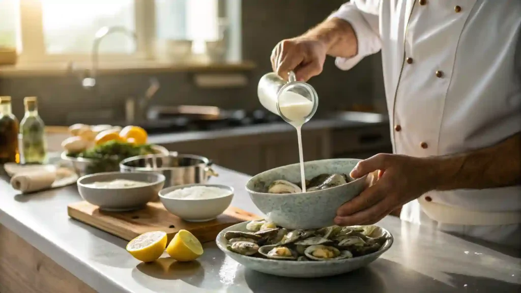 Chef Preparing Oysters By Soaking Them In Milk