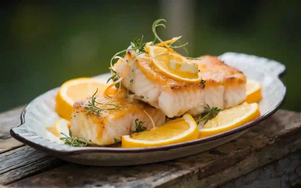 Golden-brown Citrus Butterfish Bites with citrus butter sauce, garnished with fresh zest on a white plate.
