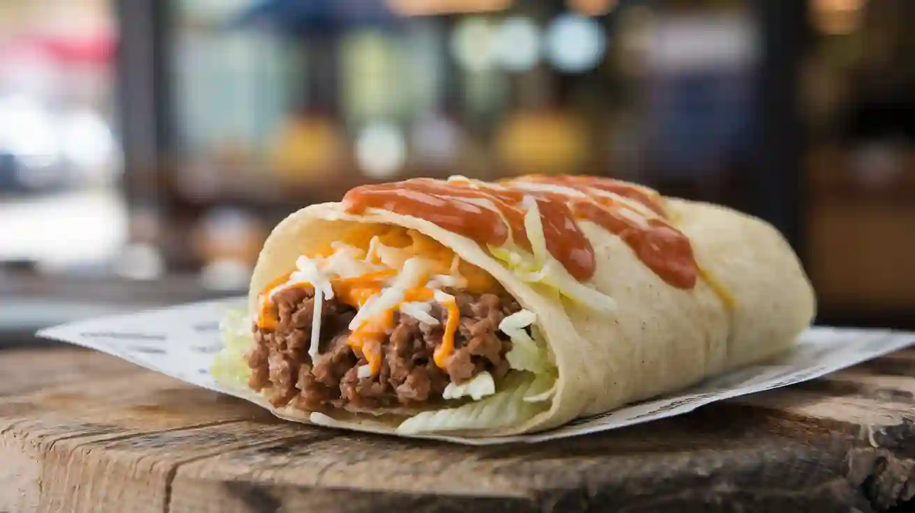 Close Up Of A Cheesy Gordita Crunch From Taco Bell With Melted Cheese And Crunchy Taco Shell