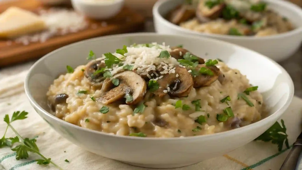 Creamy Mushroom Risotto Made With Arborio Rice, Garnished With Parsley And Parmesan Cheese