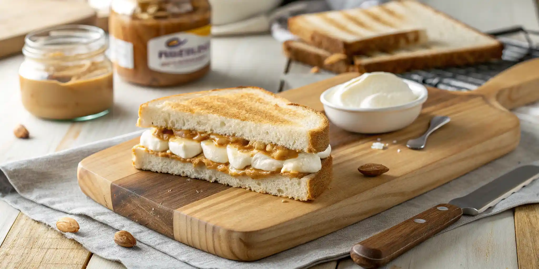 Fluffernutter Sandwich Cut In Half On A Wooden Board