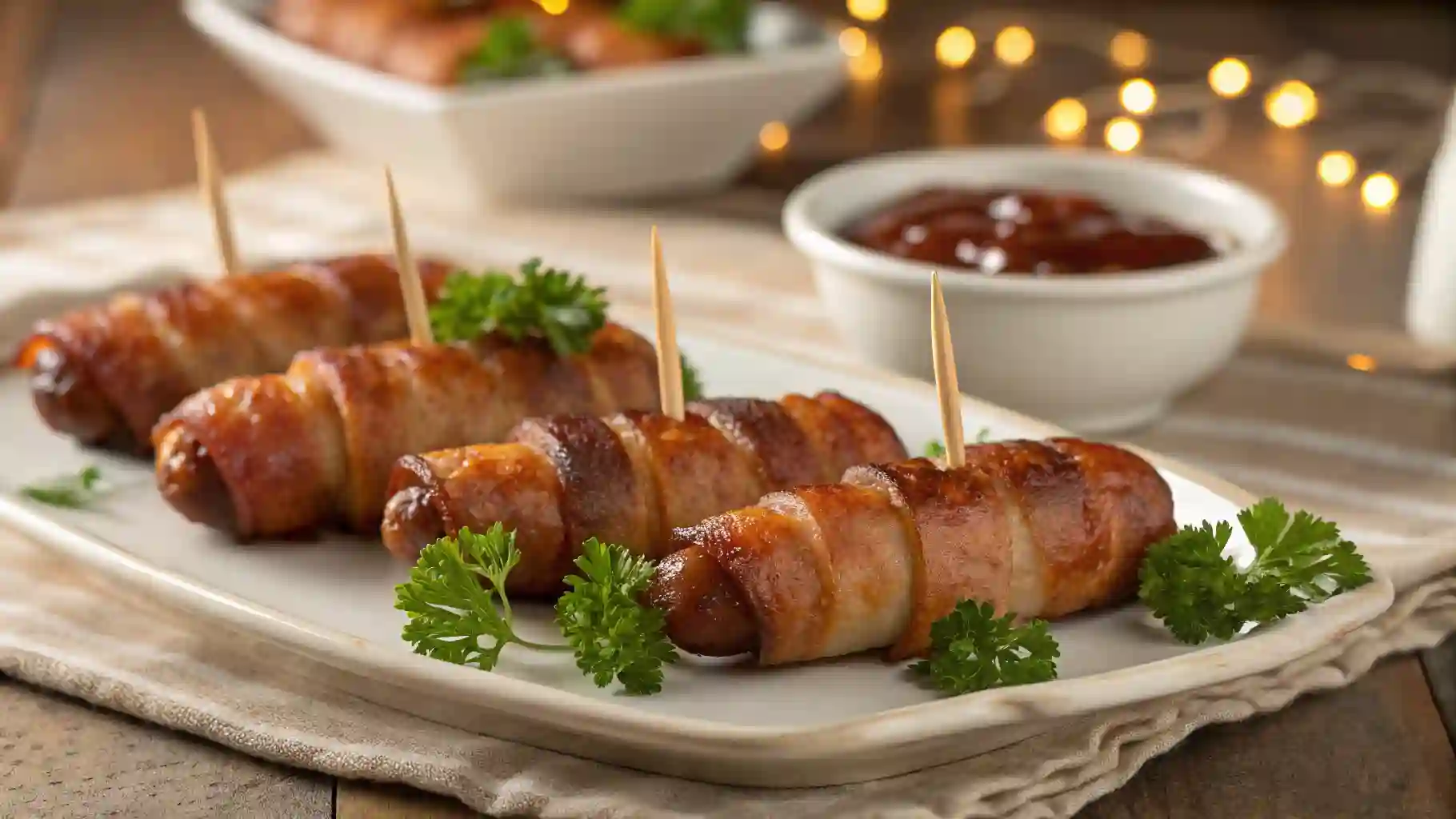 Golden-brown bacon wrapped smokies on a platter with BBQ sauce