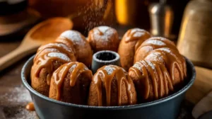 Golden, Gooey Monkey Balls In A Bundt Pan, Drizzled With Caramel Sauce