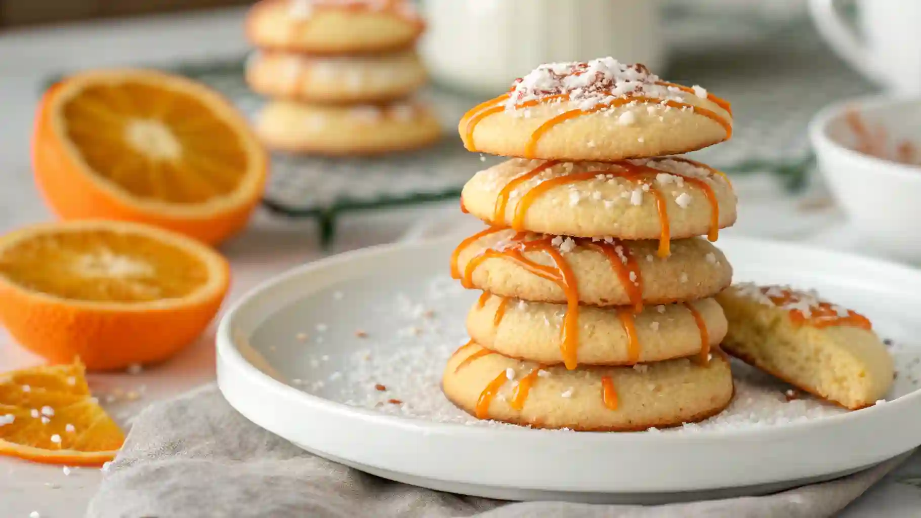 Golden orange cookies with fresh orange slices on a rustic table