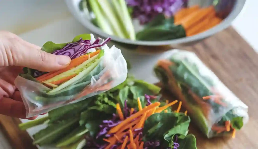 Hands Wrapping A Spring Roll With Colorful Veggies; The Finished Roll Sits Neatly Beside A Bowl Of Extra Fillings