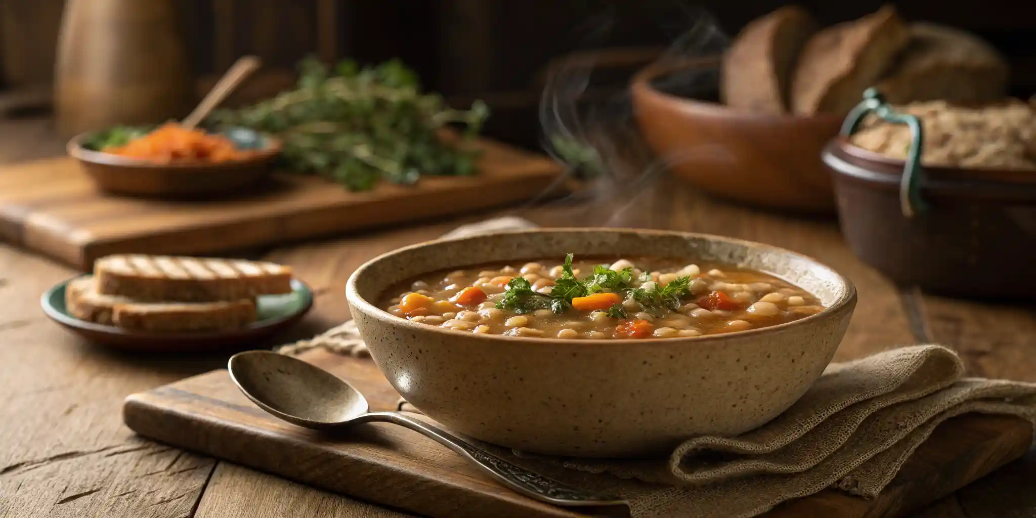 Hearty Navy Bean Soup In A Bowl With Fresh Herbs