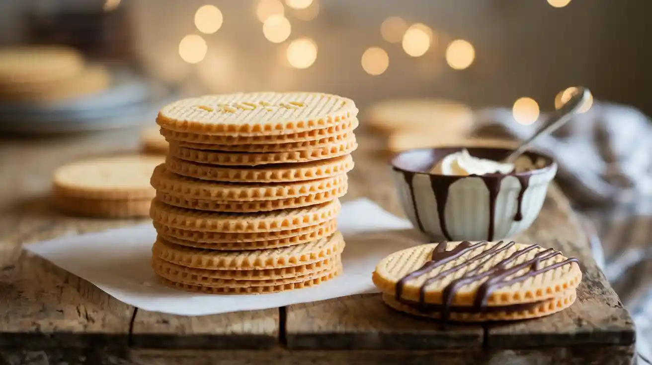 Homemade Wafer Cookies Stacked On A Wooden Table