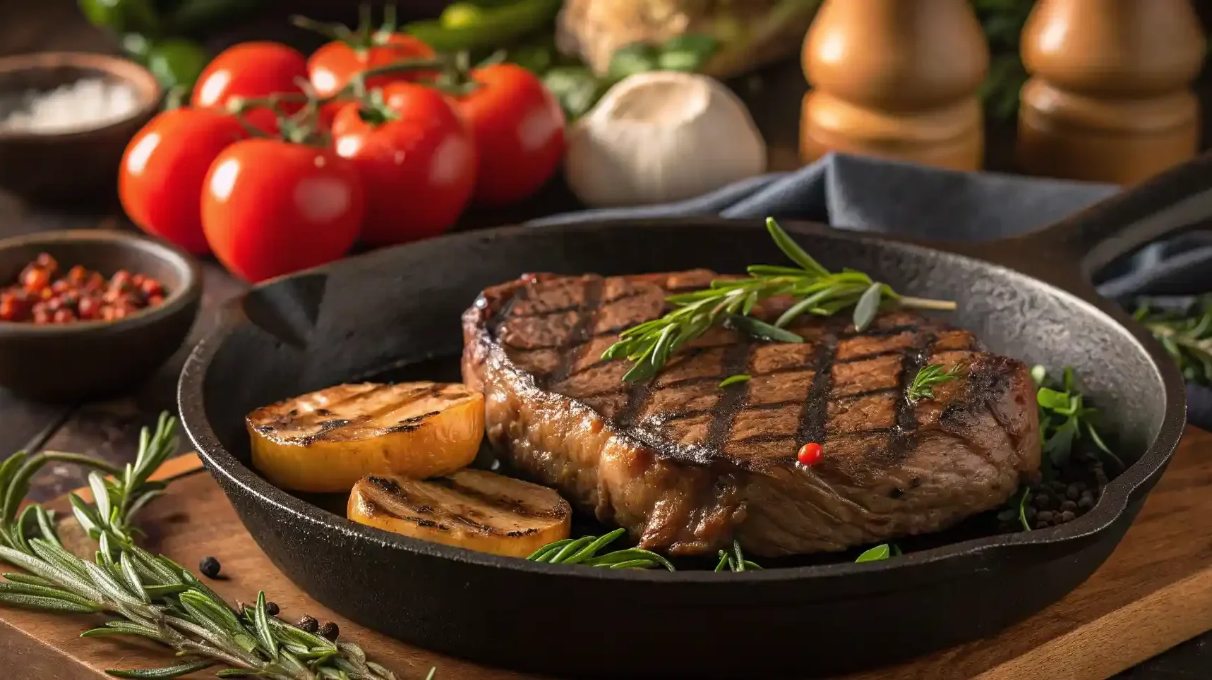 Sizzling Chuck Steak In A Cast Iron Skillet With Herbs And Vegetables