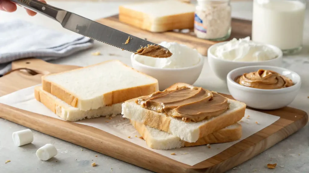 Spreading Peanut Butter And Marshmallow Fluff On Bread