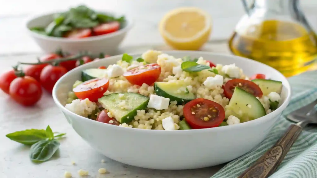 Summer Salad With Acini De Pepe, Tomatoes, Cucumbers, And Feta
