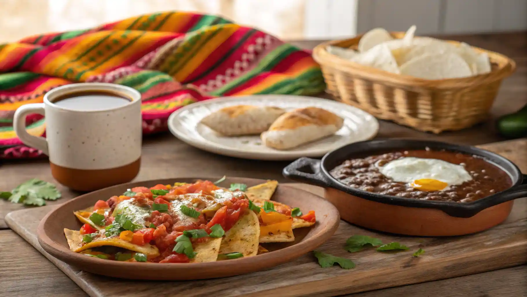 Traditional Mexican Breakfast Spread With Chilaquiles, Huevos Rancheros, And Pan Dulce