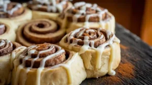 Freshly baked cinnamon rolls with heavy cream and cream cheese frosting.