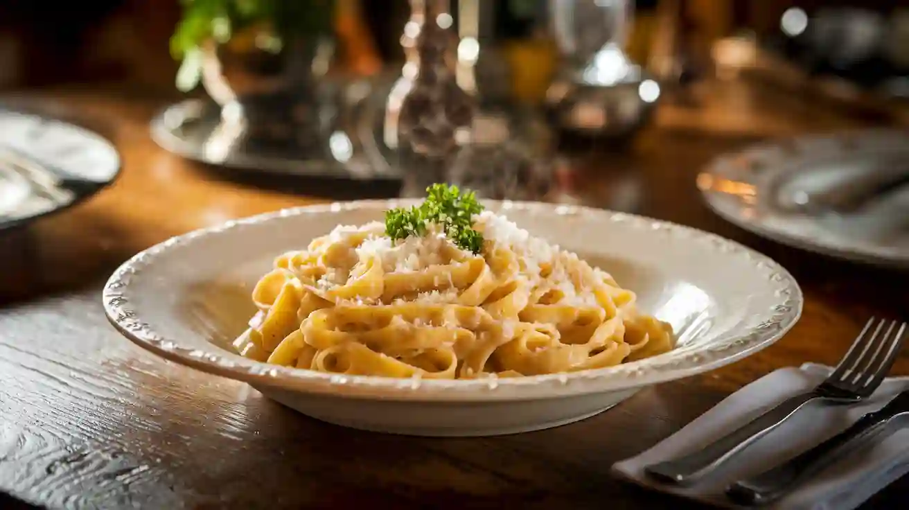 A creamy plate of fettuccine alfredo garnished with parsley and Parmesan.