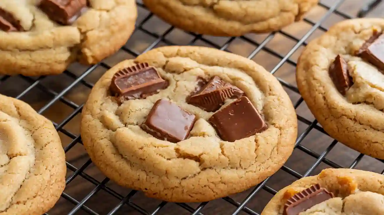 Freshly baked Reese’s peanut butter cookies cooling on a wire rack, with melty chocolate visible.