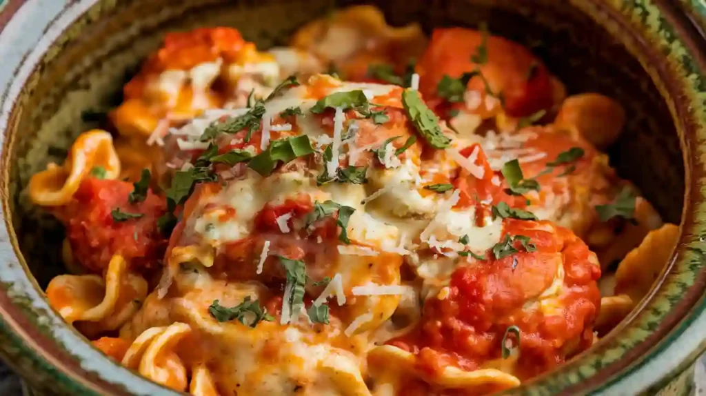 A close-up bowl of creamy tomato chicken pasta, topped with melted cheese and herbs, showcasing rich sauce coating the pasta.