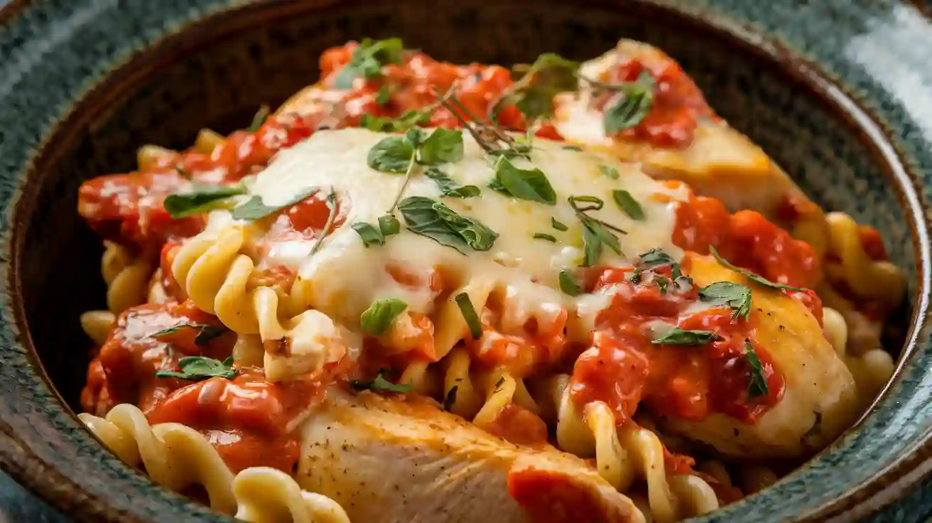 A close-up bowl of creamy tomato chicken pasta, topped with melted cheese and herbs, showcasing rich sauce coating the pasta.