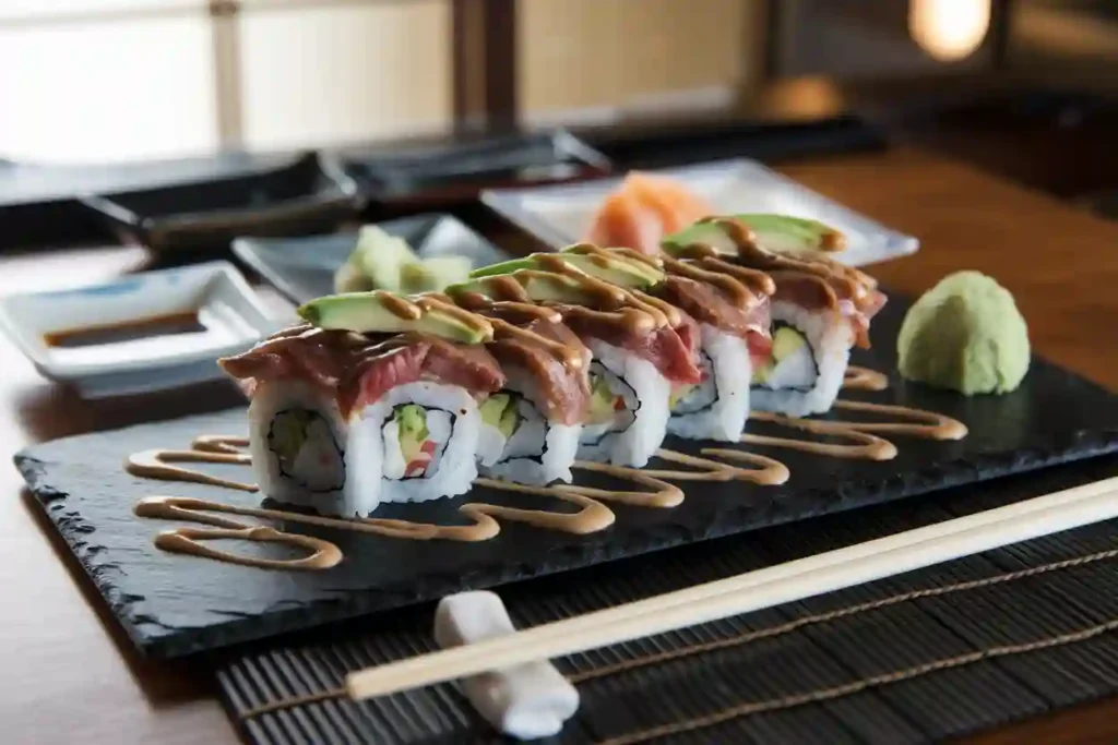 Plated Dragon Rolls au Bœuf with soy sauce and wasabi