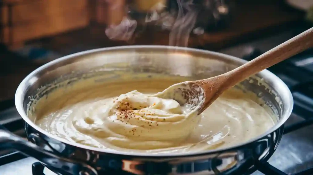 A pan of creamy Alfredo sauce being stirred.